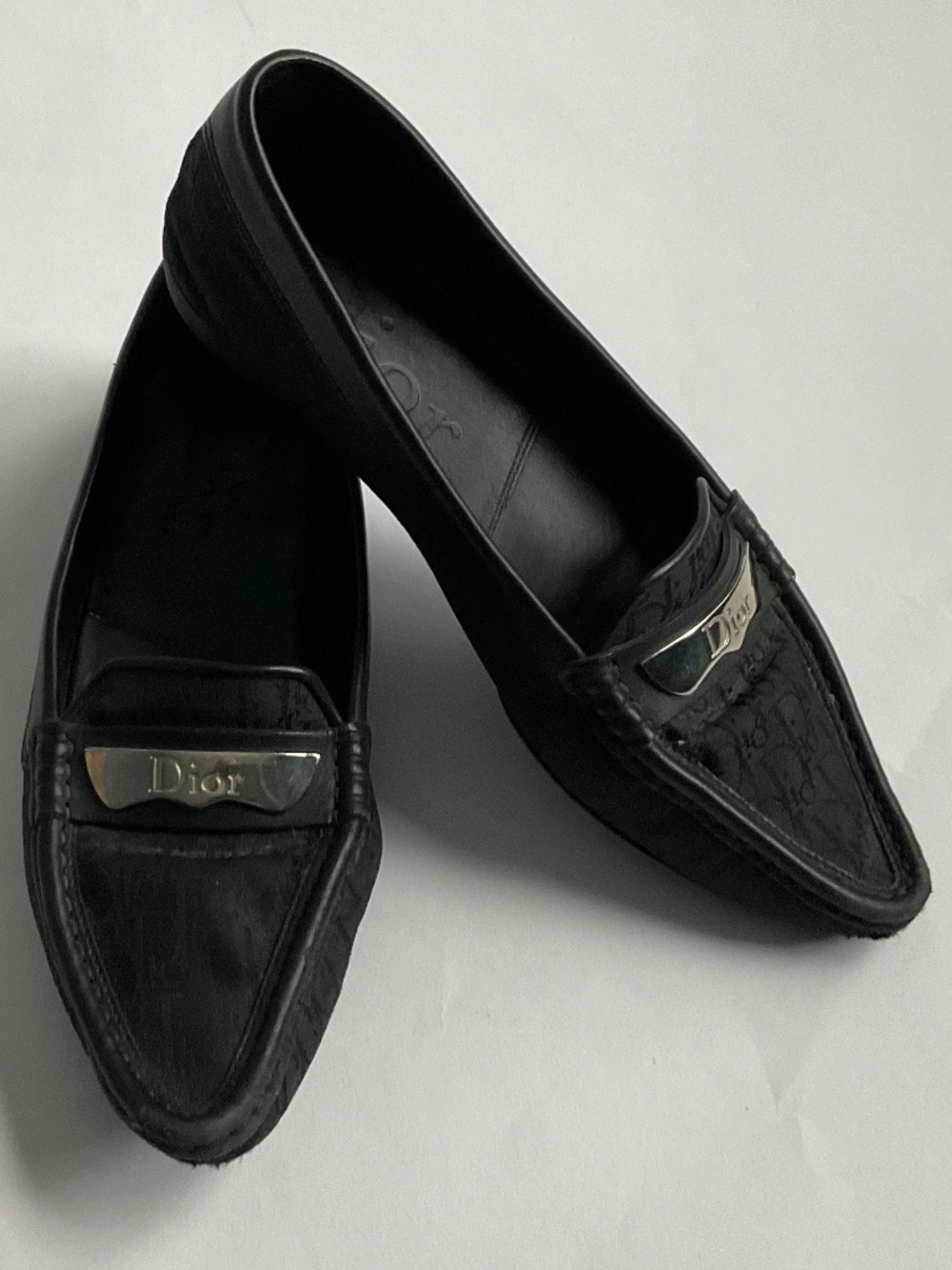 DIOR Black Monogram Canvas Leather Pointed Toe Loafers Flats Size 37